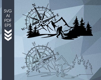 Bigfoot Compass SVG: Sasquatch Mountain Scene (Digital Files)