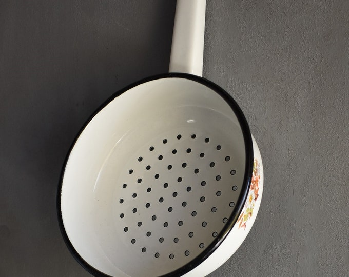 Vintage Enamelware Colander in White and Yellow Etsy