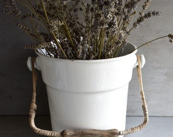 Enamel metal bucket, Antique enamel bucket with original braided handle without lid, antique ceramic bucket, ice bucket, flower bucket