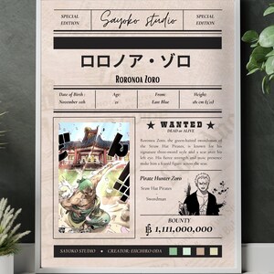 Könnte beinhalten: Gerahmtes Poster mit Roronoa Zoro aus der Anime-Serie One Piece. Das Poster enthält japanischen Text, Charakterdetails und ein Wanted-Poster-Design. Das Bild zeigt Zoro in Aktion, mit einem Kopfgeld von 1.111.000.000.