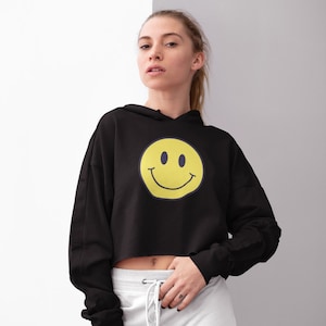 Smiley Face Crop Hoodie, Trendy Hoodie, Cute Crop Hoodie, Gift for Her, Cheery Vibes, Positive Vibes, Aesthetic Hoodie, Smiley Face Hoodie