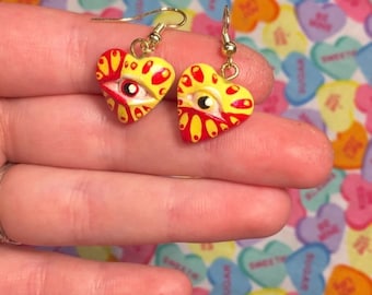 Trippy Heart Eyeball Polymer Clay Earrings | groovy heart eye jewelry | black light neon rave | colorful hand sculpted jewelry