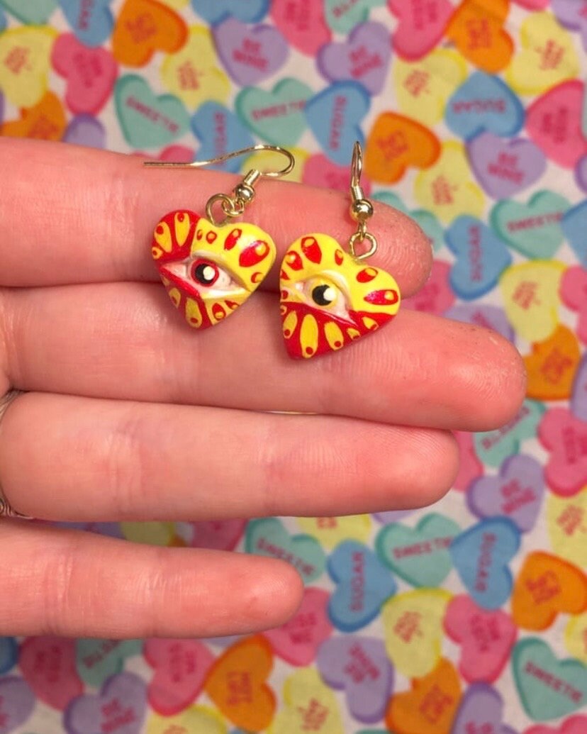 Trippy Heart Eyeball Polymer Clay Earrings Groovy Heart Eye