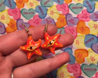 Trippy Seastar Eyeball Polymer Clay Earrings | groovy heart eye jewelry | black light neon rave | colorful hand sculpted jewelry