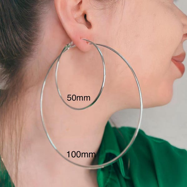 Large Silver Hoop Earrings, 14K White Gold Plated, Hypoallergenic