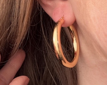 Chunky Gold Hoops, 35mm 14k Plated Huggie Earrings