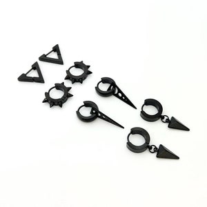 Black Earrings, Stainless Steel Huggie Hoop Earrings for Men & Women - Unisex Triangle, Spike, Charm, Dangle Earring, Christmas Gift For Her