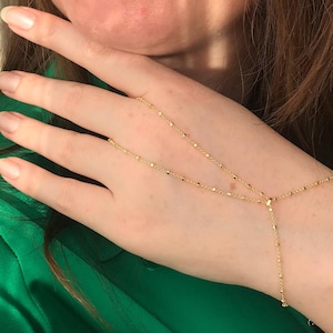 Beaded Hand Chain Bracelet in 14K Gold Plated, Dainty Finger Chain Bracelet, Delicate Slave Bracelet, Beaded Hand Jewelry & Chain Ring