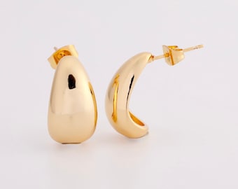 14k Gold Plated Teardrop Stud Earrings, Chunky Waterdrop Design