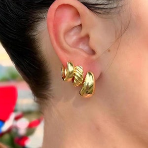 Gold Statement Hoop Earrings Set – 3 Pairs of 14K Gold-Plated Huggies, Twist Hoops & Teardrop Hoops, Gift for Her, Christmas Gift for Women
