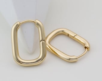 Rectangle Gold Earrings | 14K Gold Plated Minimalist Dainty Hoop Earrings | Geometric & Oval Hoop Earrings | Link Earrings| Best Friend Gift
