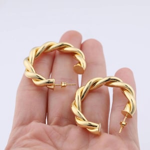Gold Twisted Hoop Earrings, 14K Gold Plated Twisted Hoop Earrings - 40mm Hypoallergenic Simple Geometric Jewelry, Perfect for Everyday Gift