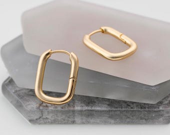 Rectangular Hoop Earrings, Link Hoop Earrings 14K Gold Plated U-Shaped Hoop Earrings, Hypoallergenic Hoops, Square Hoop Earrings for Women