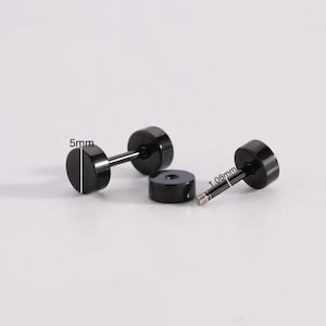 Black Flat Studs Earring SET OF 2 - Stud Earring 5mm Silver & Black Fake 18 Gauge Plug with Flat Back, Dumbbell Style, Screw-In Stud for Men