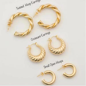 14K Gold Plated Twisted Hoop Earrings, Huggie Hoops Gift Set Croissant Earrings, Small Open Hoop, Braided Hoop Earrings, Rope Hoop Earrings