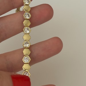 Hexagon Bracelet, 14K Gold Plated Brass CZ Tennis Design, 17cm + 2cm
