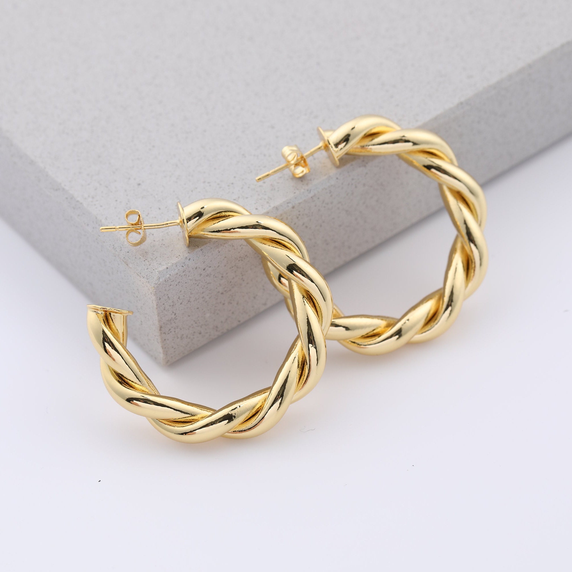 14k Gold Plated Twisted Rope Hoop Earrings, Huggie-large 40mm Hoop ...