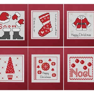 Kit de Cartões de Natal em Ponto Cruz - 6 cartões - Desenhos Vermelhos - Inclui 6 cartões vermelhos perolados