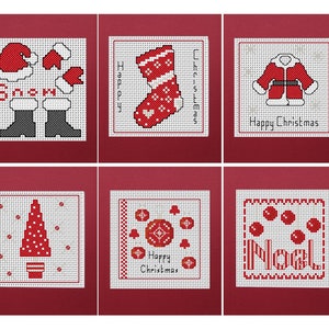 Cross Stitch Christmas Card Kit - 6 cards - Red Designs - Includes 6 red pearlescent cards