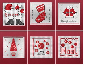 Cross Stitch Christmas Card Kit - 6 cards - Red Designs - Includes 6 red pearlescent cards