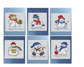 Cross Stitch Christmas Card Kit, 6 Snowmen Cards, Blue Pearlescent Cards