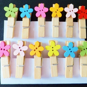 Pode incluir: Um conjunto de 12 prendedores de roupa de madeira com botões coloridos em forma de flor. Os botões são de várias cores, incluindo rosa, amarelo, azul, verde e vermelho. Os prendedores são uma ótima maneira de adicionar um toque de fantasia à decoração da sua casa.