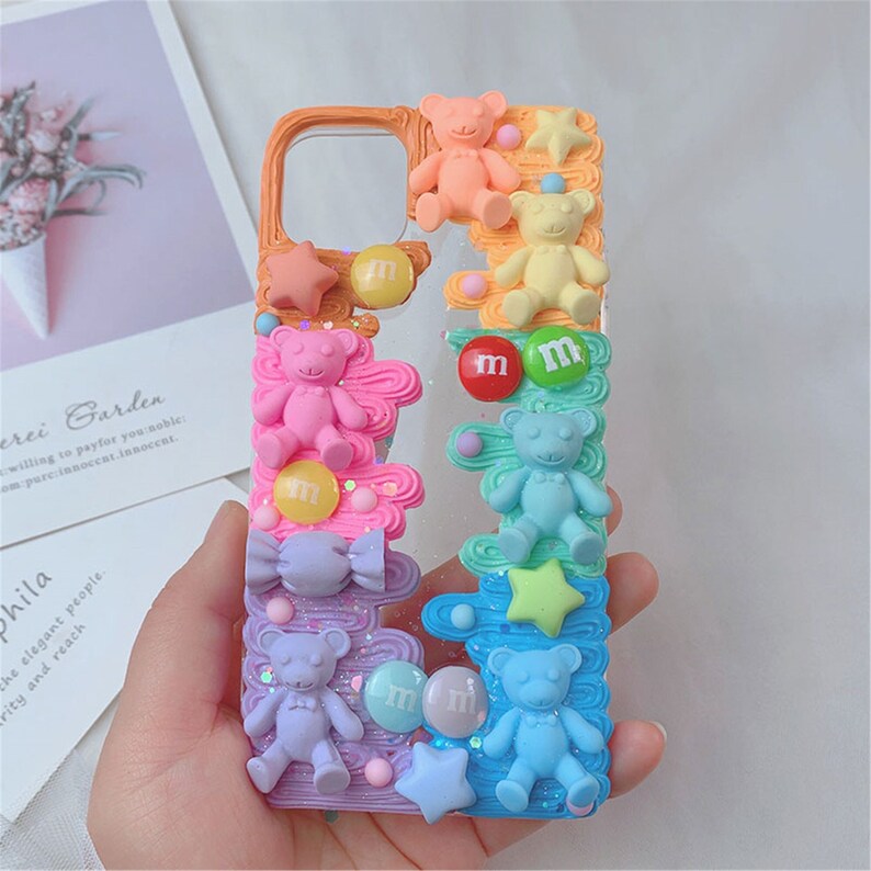 Rainbow Color Bear Charm, Star Phone Case, Decoden Phone Case, Candy Phone Case, Decoden iPhone Case, Bear Charm, Kawaii, iPhone Cover 