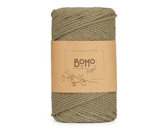 Twisted cotton cord 3mm 140m, 3 strand recycled natural cotton macrame cord for DIY, Khaki color