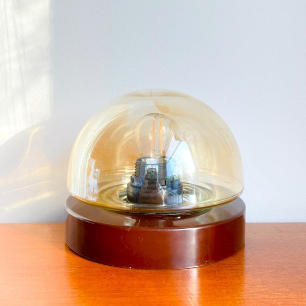 Vintage ceiling lamp - smoked glass ball / brown bakelite fixture - Dutch design
