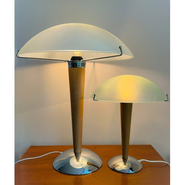 Lampe de table IKEA Kvintol des années 90 *Nouveau stock ancien* Petit / X-Large - verre dépoli, bois, chrome - Âge spatial, champignon