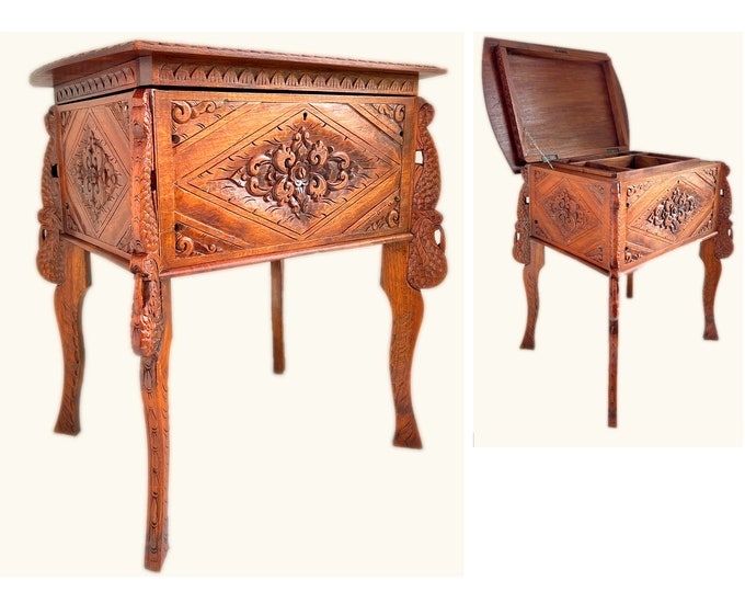 Rare Antique Sewing Table / Side Table With Refined Woodcarving Early