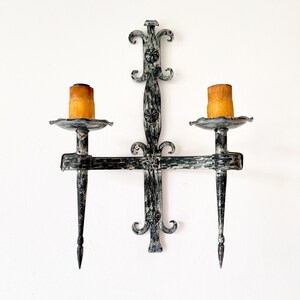 Vintage Wrought Iron Double Wall Sconce with Fleur-de-Lys Motif | Arts & Crafts, Mid-20th Century