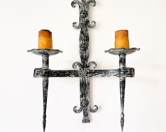 Vintage Wrought Iron Double Wall Sconce with Fleur-de-Lys Motif | Arts & Crafts, Mid-20th Century