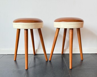 ヴィンテージ ミッドセンチュリー スツール - 木製、レザー製 - 2 種類