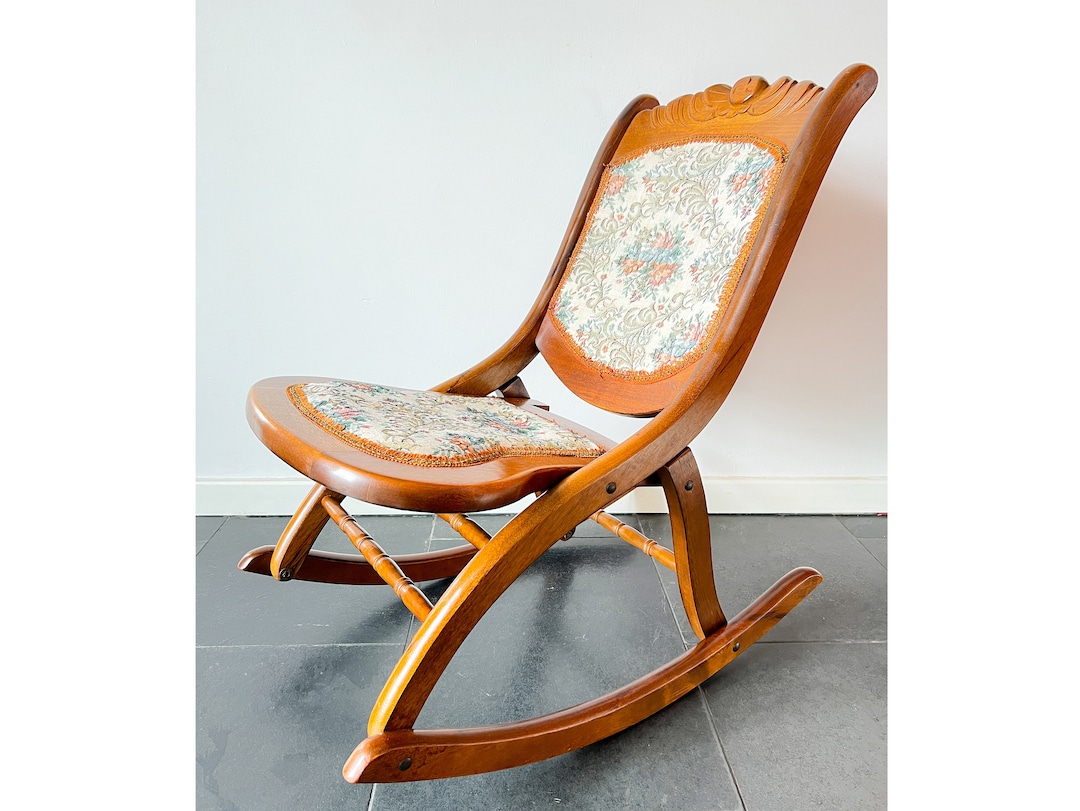 Antique / Vintage Folding Rocking Chair With Gobelin - 50s