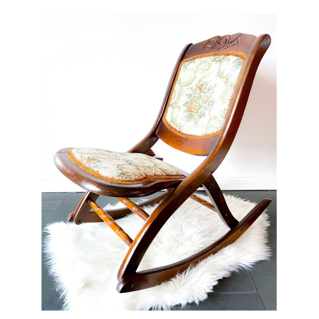 Antique Folding Rocking Chair With Gobelin 50s Wood Etsy