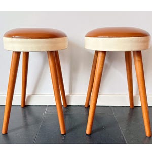 Vintage Mid Century stool - wood, leather - 2 available - brown, white