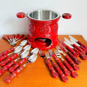 Vintage Wilkens “Tirol” Cutlery Set and Fondue pot – Red Ceramic & Stainless Steel 18/8 – Made in Germany – 1970s - Mid Century
