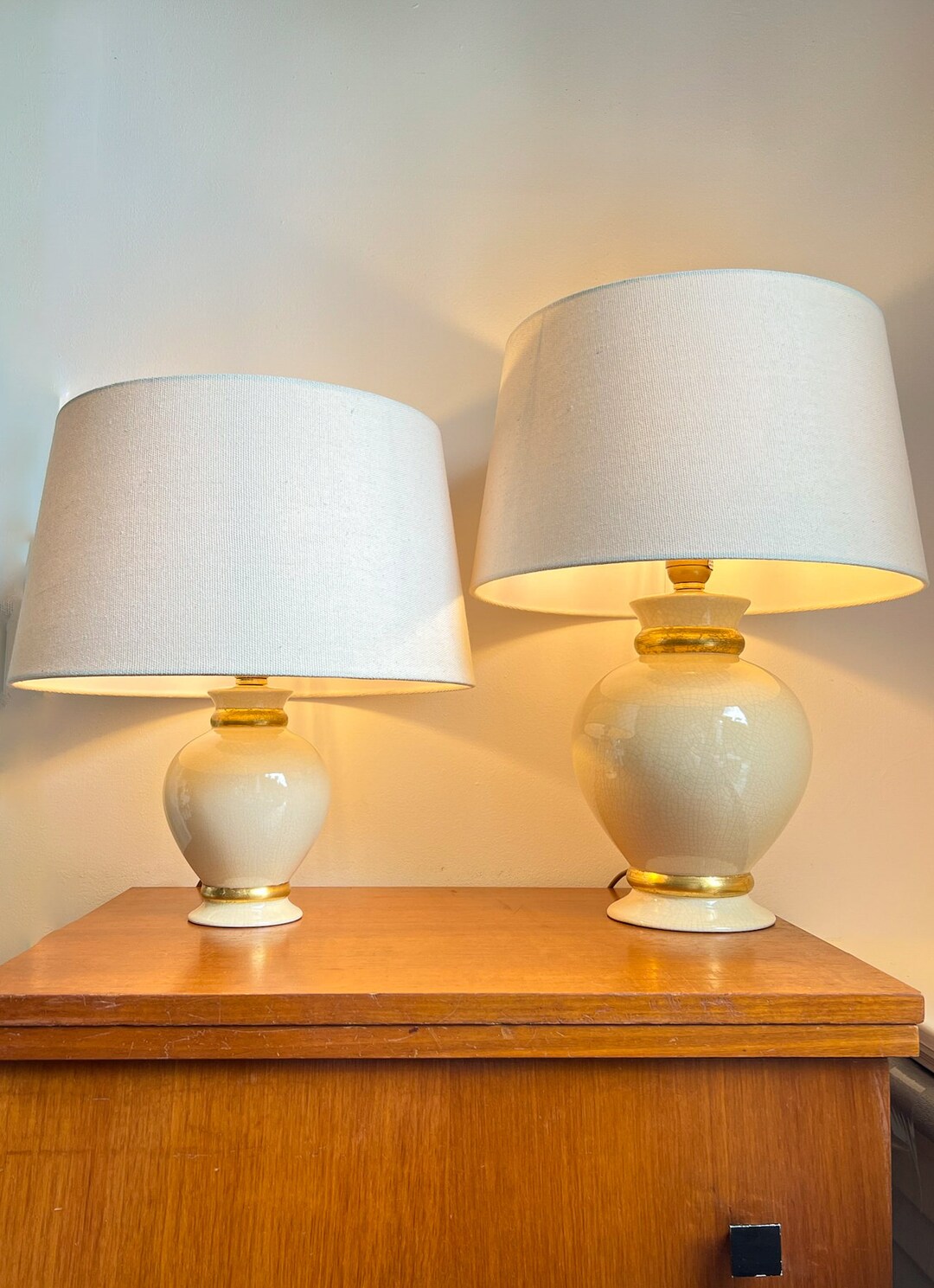 Vintage 'maison Le Dauphin' – Set of Table Lamps – Ceramic Crackle Ivory  Gold – French Design