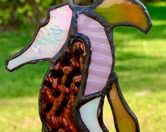 Purple seahorse sun catcher, or car charm. 4 1/2" tall by 3" wide.