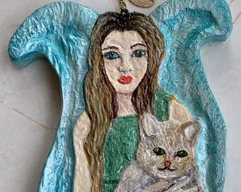 Handmade Angel Ornament: Carved Wood Angel Holding Cat
