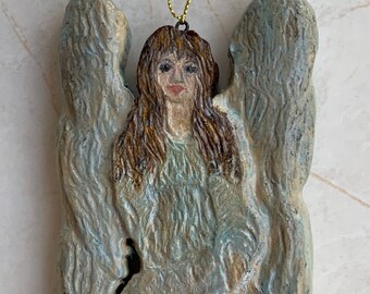Hand Carved Christmas Angel Ornament: Painted Poplar Wood