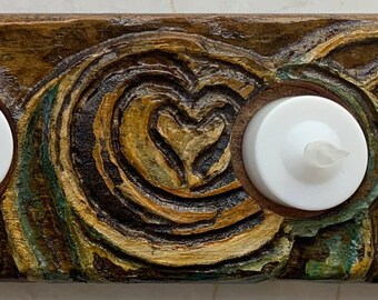 Hand Carved Coffee Shop Tea Light Candle Holder: Poplar Wood Art