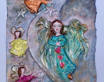 Hand-Painted Cement Christmas Angel Wall Hanging