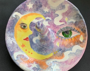 Ceramic ring dish. Crescent moon and tarot eye design. Earthenware. 7" round.