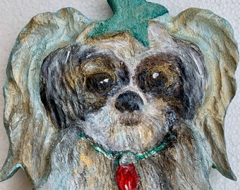Hand Carved Shih Tzu Christmas Ornament: Angel Wings Dog Decor