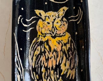 Sgraffito full moon and owl jewelry tray.   4" wide by 9" long.