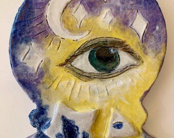 Handmade Ceramic Tarot Eye Ornament: Crystal Ball, Yellow & Purple