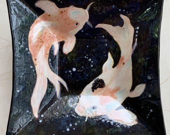Hand-Built Ceramic Koi Pond Bowl, Hand-Painted Stoneware, Food-Safe Glazes (9.5" Square)