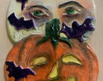 Handmade Ceramic Pumpkin Wall Decor: Spooky Halloween Bats, Full Moon